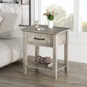 Modern Nesting Coffee Table Set of 2, Wooden Nesting Tables with Storage Drawer & 2-Tier Shelf, Space-Saving End Tables Nightstand for Living Room Bedroom Small Spaces, Walnut/Natural