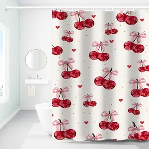1pc White Cherry and Bow Printed Shower Curtains with Plastic Hooks, Shower Curtain for Bathtub Bathroom,Suitable for Home and Hotel, Machine Washable Bathroom Decor,As Best Gifts for Friends, Bathroom Supplies