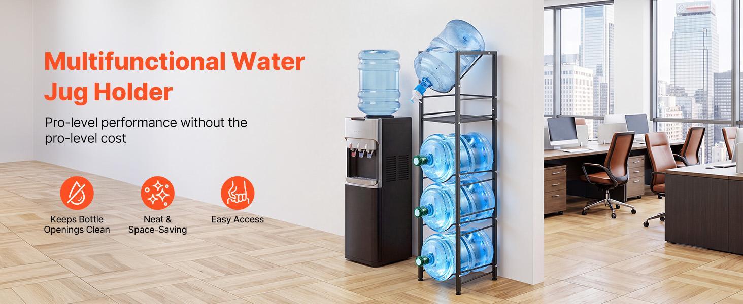 【Summerfinds】VEVOR Water Jug Holder5 Tiers 3 and 5 Gallon Water Bottle Holder for 4 BottlesHeavy Duty Jug Rack Organizer with Storage ShelfAdjustable Feetand Handlefor KitchenOfficeLiving RoomBlack