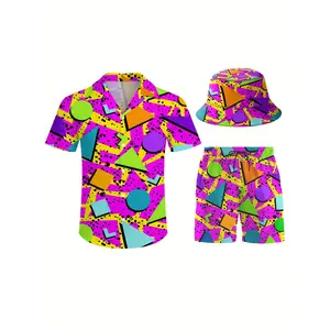 Men's 3pcs retro Outfit beach set, Retro 80s 90s outfit sportswear, Hawaiian sportswear set, shirt beach shorts and fisherman hat Bucket Hat