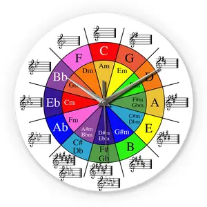 Musical Color Wheel Pattern Tempered Glass Wall Clock, 12-14 Inch Silent Clock for Music Classrooms, Bedrooms, Offices & Gifts