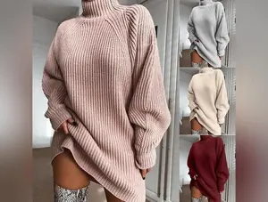 Solid Turtleneck Long Sweater Winter Warm Women Sweater Dress