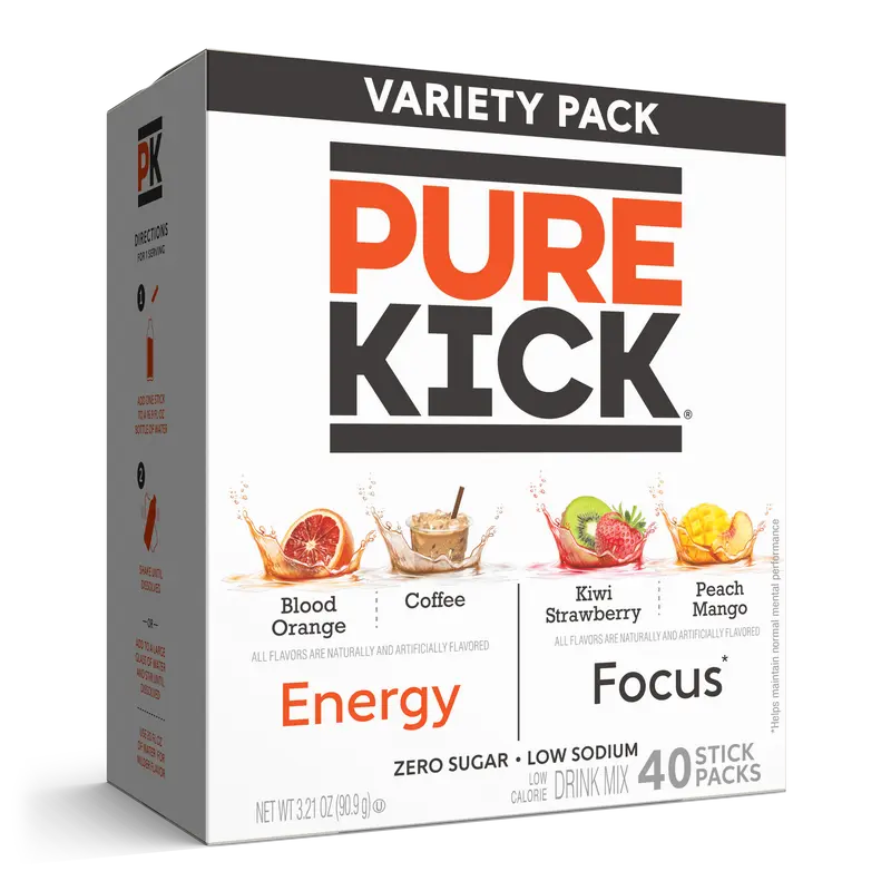 Pure Kick Energy & Focus Hydration Powder Beverage, 40 Sticks Bold Fruit & Coffee Drink Mix, Clean Energy Booster, Sugar-Free, Low-Sodium, Stashable in Bag, Desk, Car