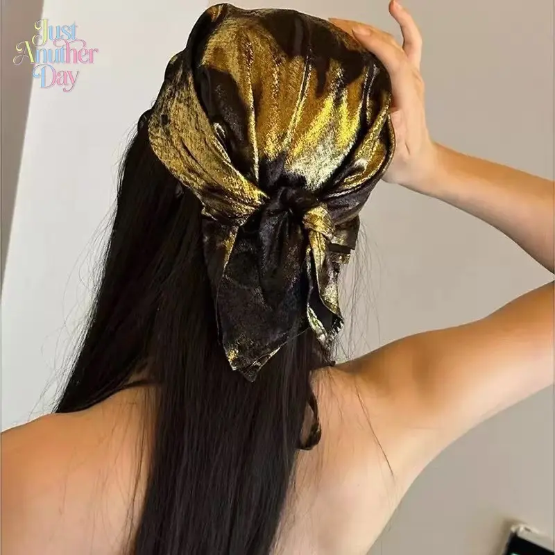 Retro Millennium Style Metallic Shine Scarf, Liquid Gold & Black Bandana, Multi-Use Headwrap & Bandeau for Streetwear