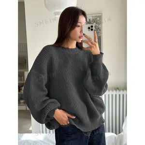 Look Time Life Solid Ribbed Knit Drop Shoulder Sweater