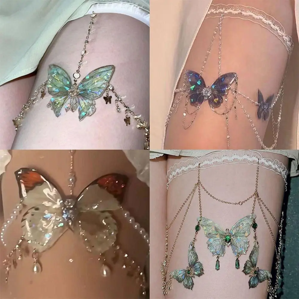 Women's Butterfly Leg Chain, Adjustable Metal Thigh Jewelry with Lace Accents for Festival and Beach Wear, Body Jewelry, Accessories, Bling Chain, Festival Wear, Female, Multiple Styles, 39-45Cm, Butterfly Motif, Alloy Metal, Adjustable Length, Festival B
