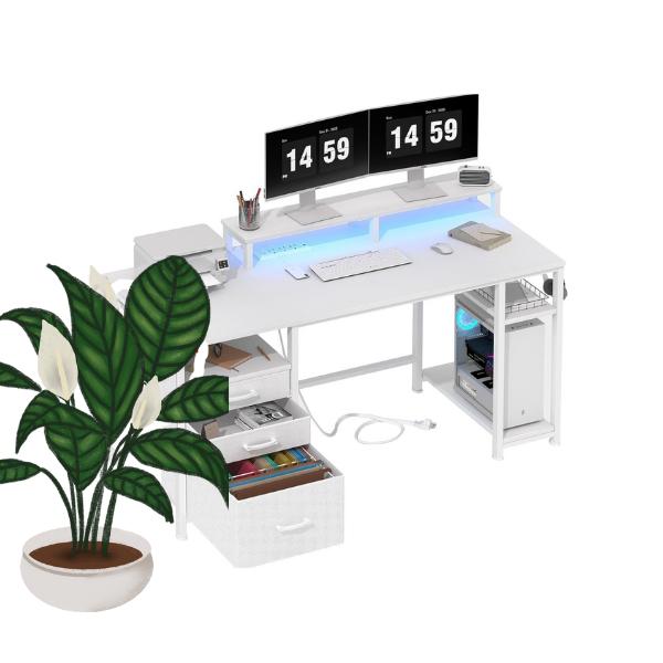 LED Lights Computer Desk with Shelves - Modern Aesthetic Glow, Wide Desktop, Side Shelves, Sturdy Frame, Ideal for Bedrooms & Home Offices