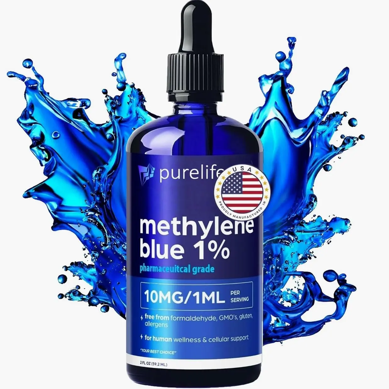 PureLife Methylene Blue Pharmaceutical Grade 2oz– USP Grade 1% Solution with Balanced Electrolyte SolutionThird-Party Tested Brain Health Supplement for Humans –No Formaldehyde High Cognitive Support