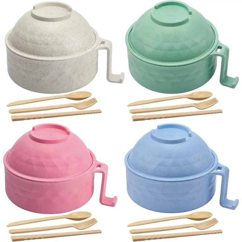 4 Sets Microwave Ramen Cooker Set 33 oz Quick Ramen Bowl Set Microwave Noodle Cooker with Handle Noodle Bowl with Spoon Chopsticks Fork College Dorm Room(Fresh Colors)
