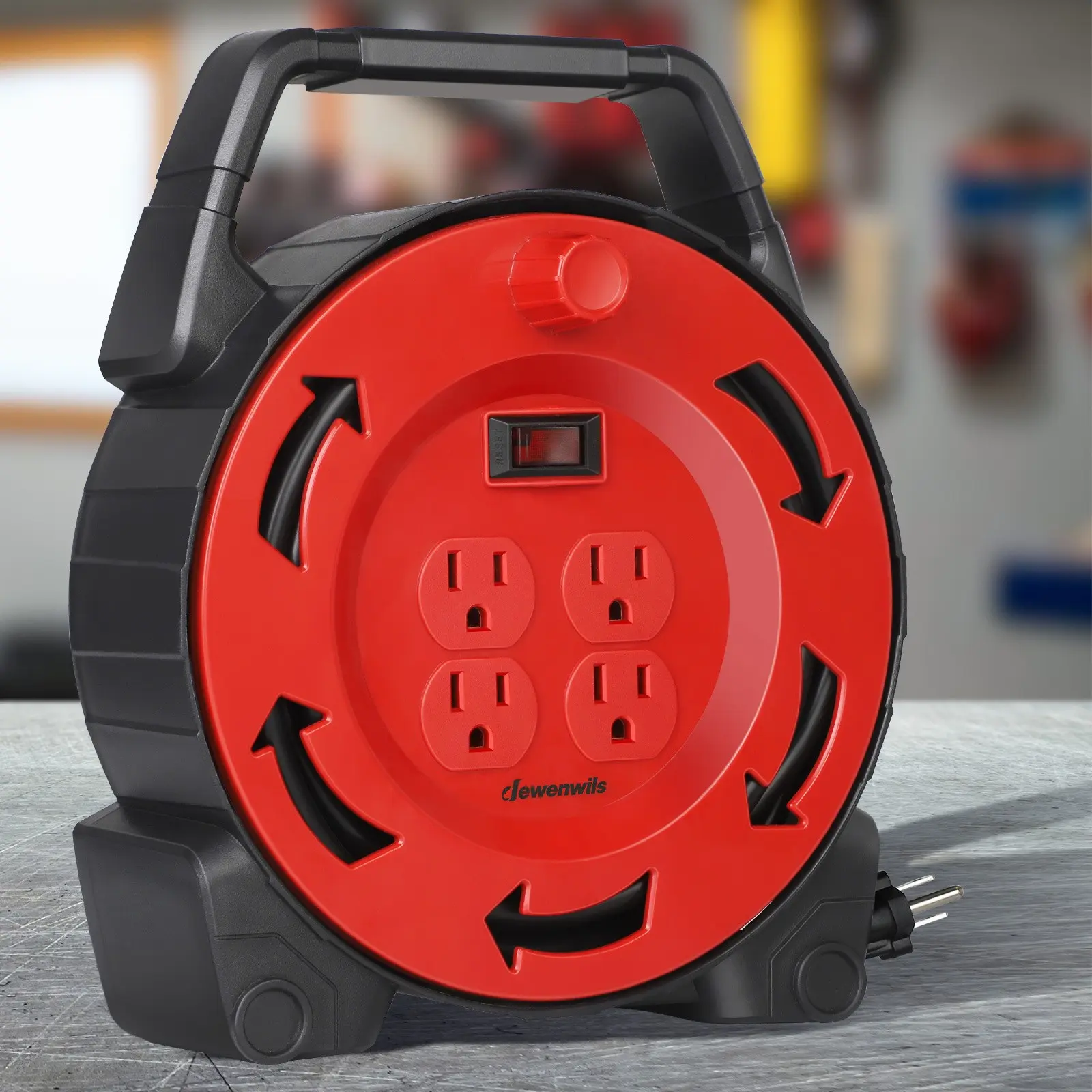 30ft 13A/125V Extension Cord Reel - 16/3C SJTW Black Cable, 4 Outlets With Circuit Breaker & Power Switch LED, Retractable Power Wheel