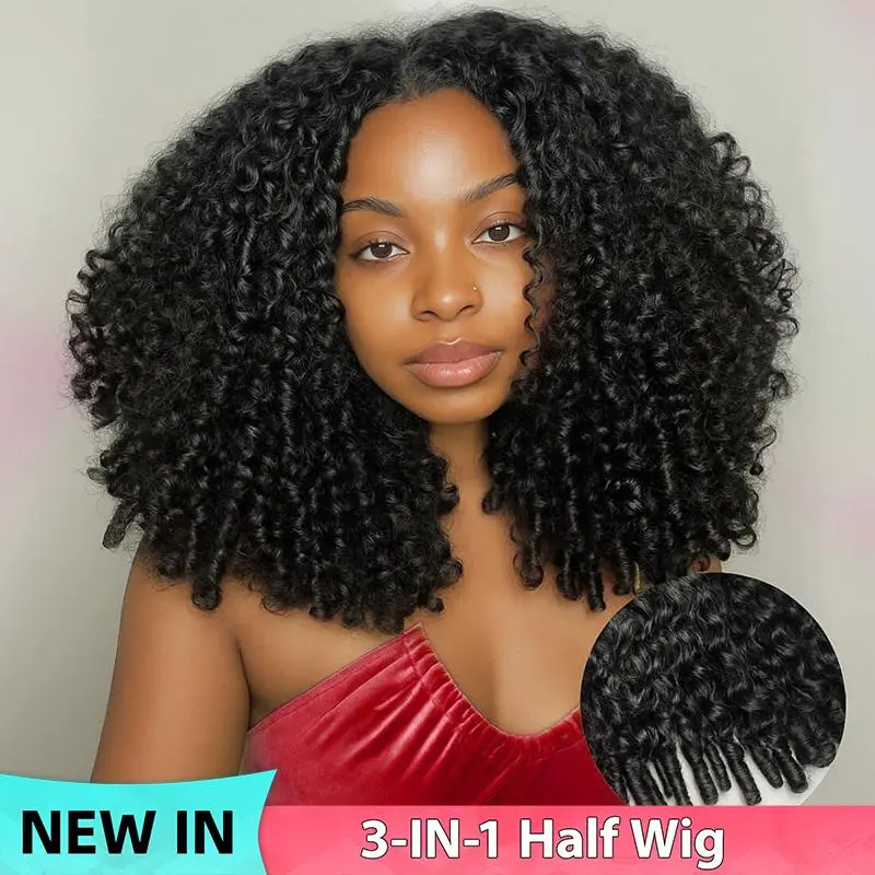 【New In】Lemoda Half Wig Human Hair Burmese Curly Wig for Women 200 Density 3 In 1 Seamless Flip Over Half Wigs Beginner Friendly Glueless Wigs Human Hair with Spiral End Natural Color summerwins