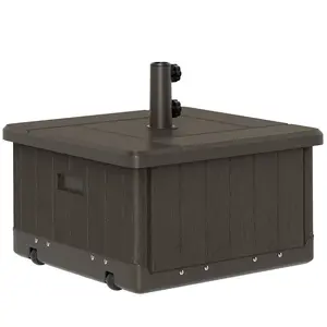 3-in-1 Outdoor Umbrella Base with Wheels and Handles – End Table, Flower Box Planter with Hole, 175 lbs Fillable Capacity, Fits 1.5"/1.9" Poles, 2 Wheels & 2 Handles, for Patio, Garden, Brown