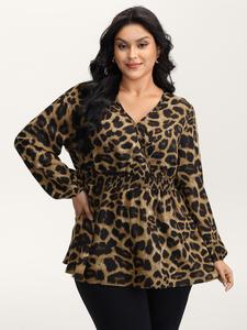 【Essential】Bloomchic Leopard Print Shirred Waist Blouse - Extra Long Lantern Sleeve Overlap Collar Fitted Tuni Autumn Casual Top Boho Ruffle rave virginia shopping haul