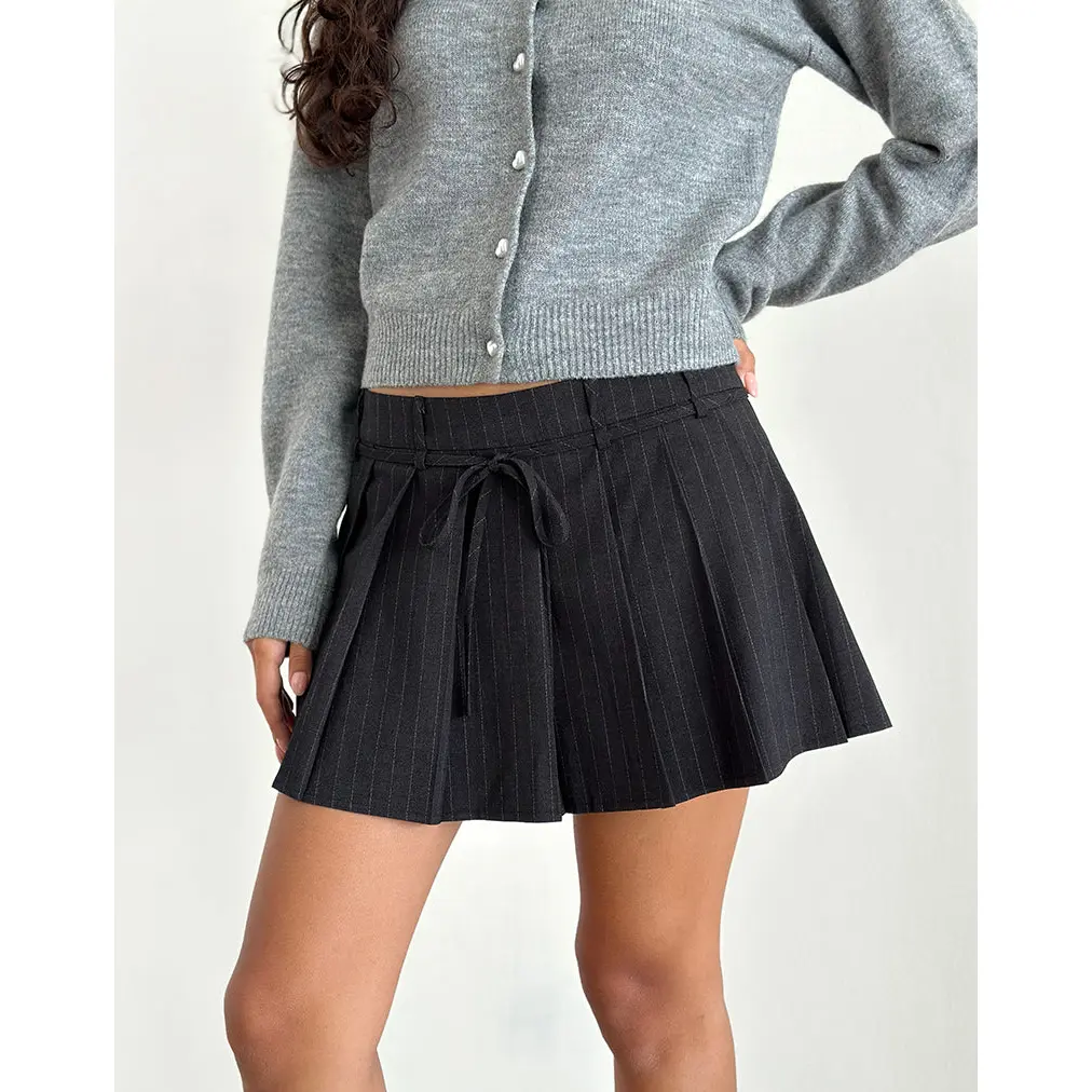 Motelrocks Women's Calina Pleated Black Pinstripe Mini Bottom Skirt - Stylish Fit, Versatile for Belt-Cardigan Pairing