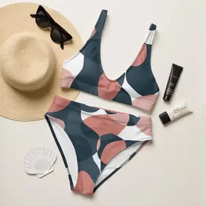 Women Abstract Geometric Bikini Set Navy Blue Pink White Retro Mod Circle Print High Waist Two Piece Swimsuit Summer Beach Vacation Sunbathing Festival Cute Trendy Swimwear Her