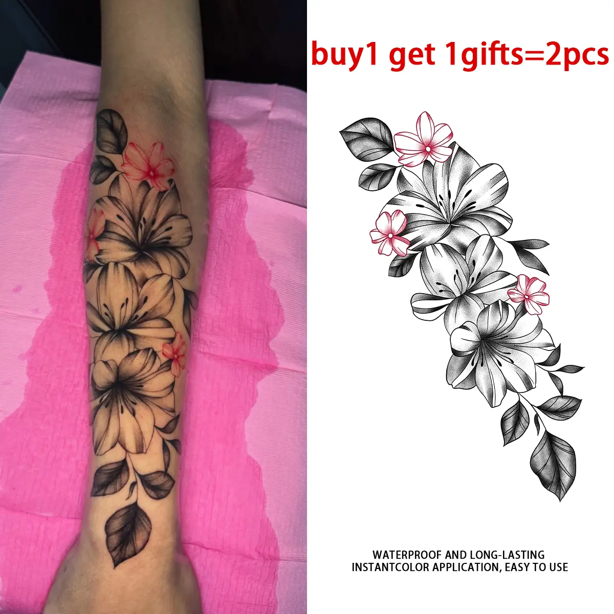 Women's Black Grey Red Lily Floral Temporary Tattoo Stickers - 2 Sheets Peel and Press, Waterproof Wear, Realistic Sketch Shading Style, Plant-Based Gel, All Skin Types, Ideal for Swimming, Festival