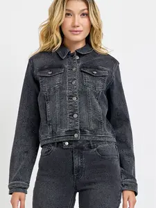 Black Denim Jacket With Washed Design, Embellished With Rhinestones - Chaqueta De Mezclilla Negra Con Diseño Lavado & Adornada Con Pedrería