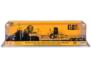 Kenworth T880 Tractor Black with Lowboy Trailer and CAT Roller Yellow 1/87 (HO) Scale Diecast Model by Diecast Masters