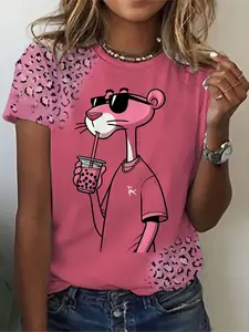 Women's Cute Leopard Animal Print Short Sleeve T-Shirt, Casual Fashion for Daily Wear and Easy Gatherings, Summer Fitted Style