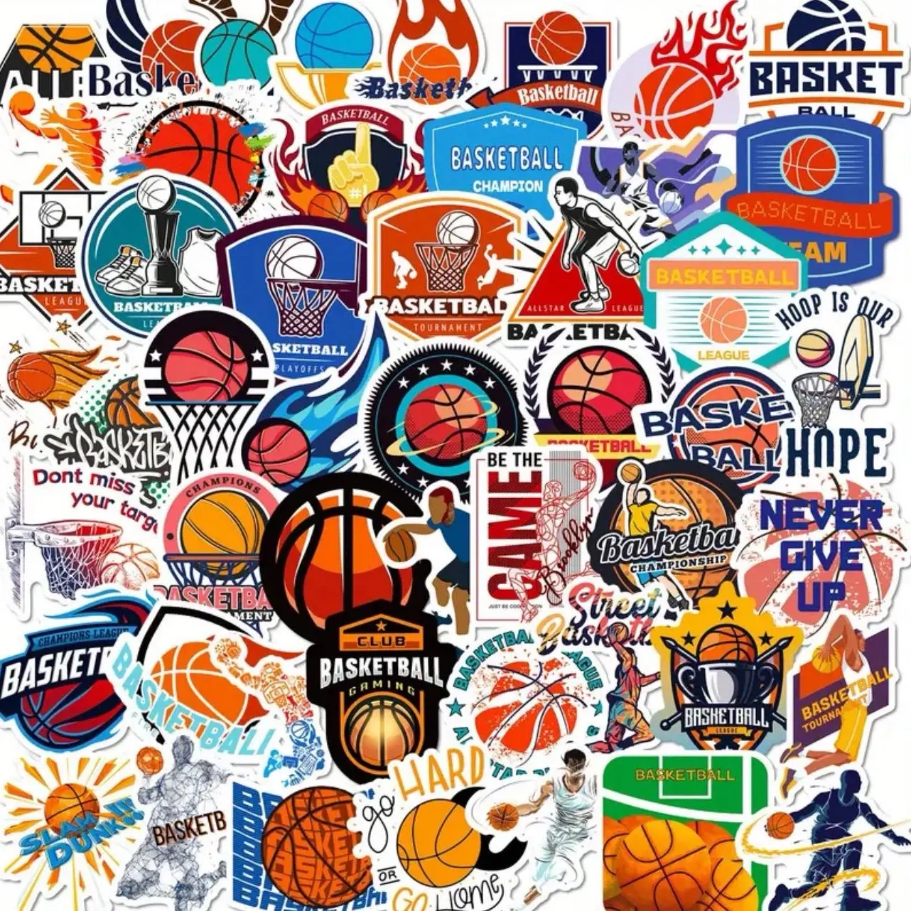 50 Pack of Basketball Sports Themed Stickers. No Duplicates. Waterproof.