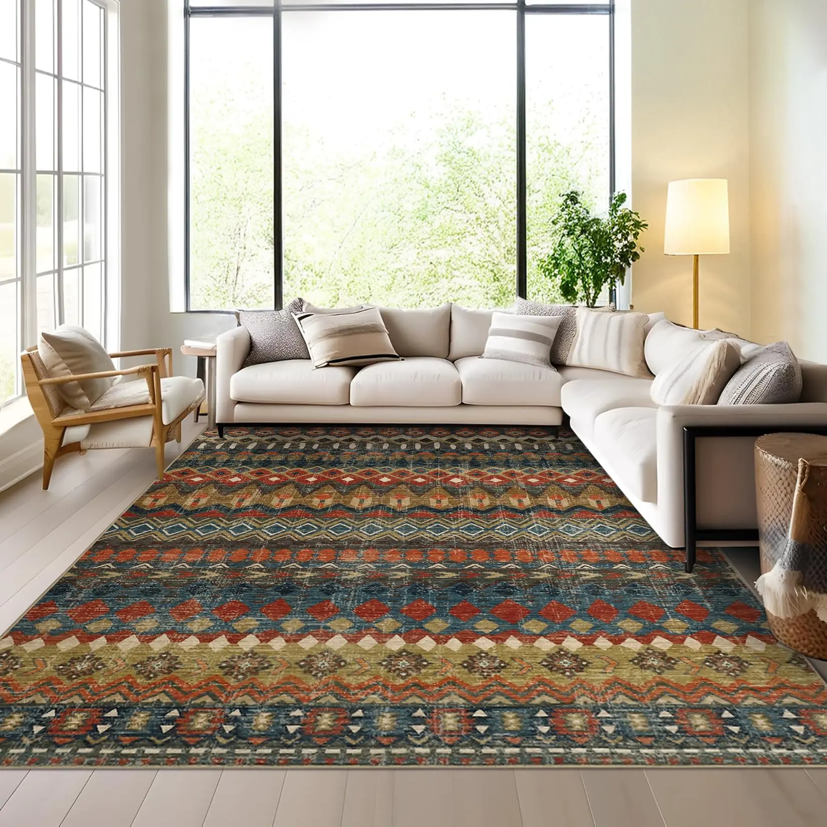 【GARVEE】Washable Area Rugs in Multiple Sizes (5x7 to 10x13) with Distressed Geometric Prints, Non-Slip, Low Pile, Foldable, Stain-Resistant, Ultra Soft, Non-Shedding Floor Carpets for Living Room, Bedroom, Office, Nursery