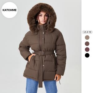 KatchMe Women's Chic Solid Color Fluffy Hooded Zip-Up Belt Decor Cotton Coat, Cozy Outerwear Jacket for Fall & Winter, Classy Long Sleeve Womenswear