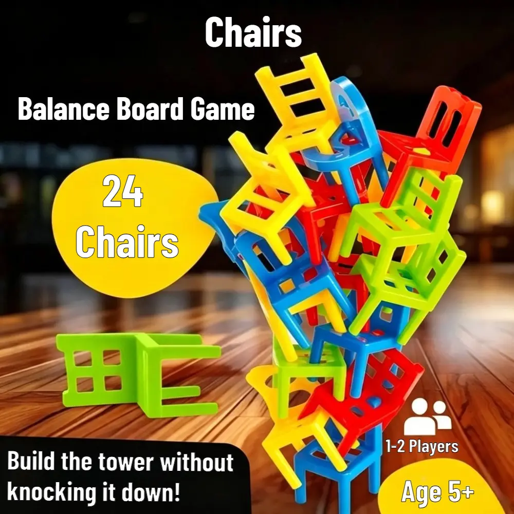 24-Piece Colorful Mini Plastic Stacking Chair Building Blocks Game Toy for Age 5+ Kids, Family Interactive Tabletop Puzzle for Party Desks