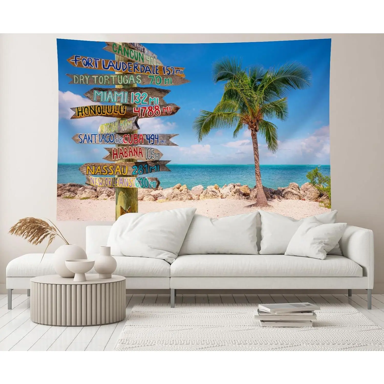59x39 In Tropical Palm Tree Tapestry, Florida Key West Seaside Ocean Background with Wooden Mileage Signs, Modern Machine Washable Multi-Size Home Decor for Living Room Bedroom College Dorm Walls, Palm Trees