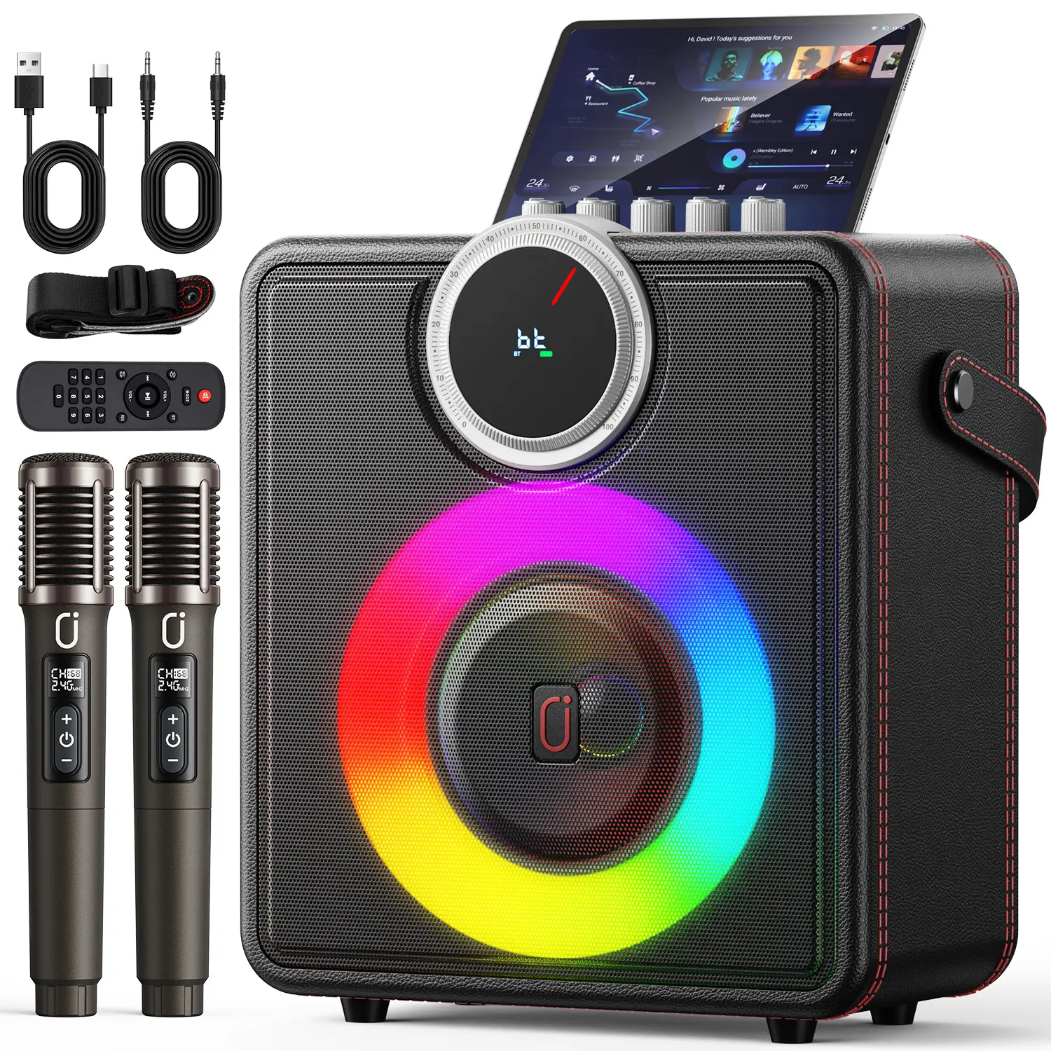 JYX 200W Vintage Rechargeable Portable Karaoke Machine with Handle for Adults, Retro Bluetooth Party Speaker, 2 Wireless Microphones, 24H Playtime, TWS Stereo, LED Lights, Guitar Connection for Home & Outdoor Parties