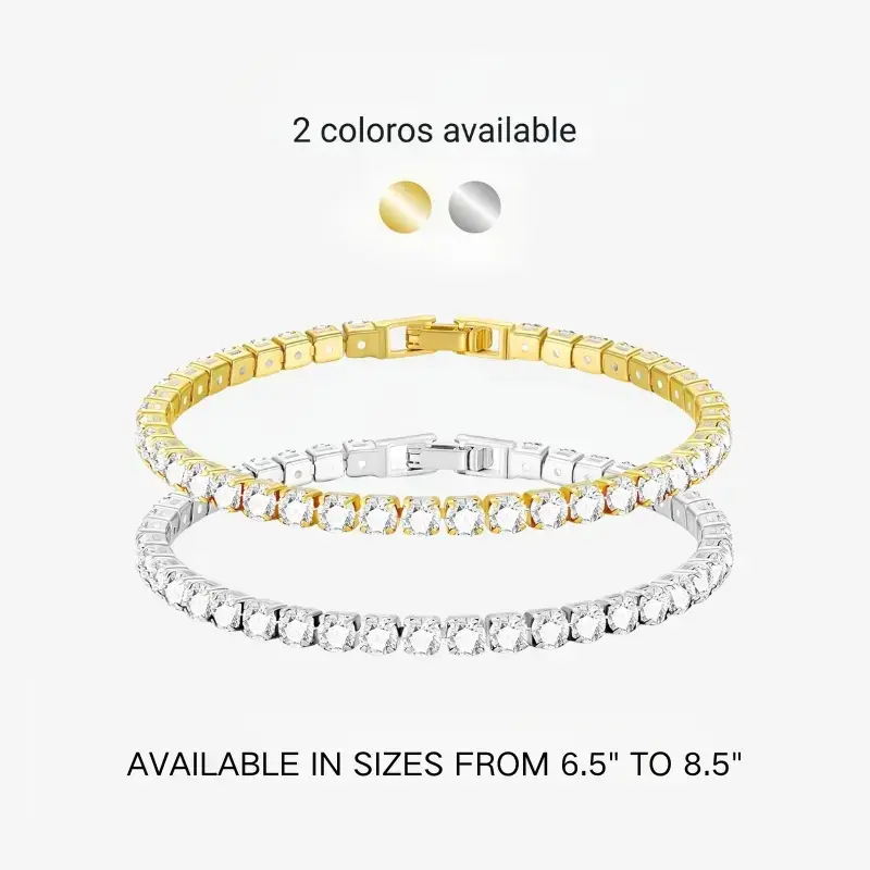 Women's Gold-Plated Round Tennis Bracelet - 4mm Carefully Set Cubic Zirconia, Rhinestone Decorated Alloy Bangle, Bling Effect, Unisex Design, Casual Wear Jewelry, Ideal Birthday/Christmas Gift, 6.5-7.5in Size, Elegant Fashion Accessory