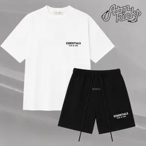 (Tee and Shorts) Fear of God Essentials T-shirt & Shorts SetStretch Jet Black/Bright White OVER SIZE Casual Wear Comfortable FitSimple Design Versatile Everyday Wear Menswear TopsCrewneck ShortSleeve Light