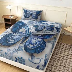 3Pcs Elegant Butterfly Floral Bedding Fitted Sheet Set, Deep Pocket 3D Blue Butterfly Pattern Bed Linen, All Season Luxury Bed Sheet with 2 Pillowcases (Pillow Not Included)
