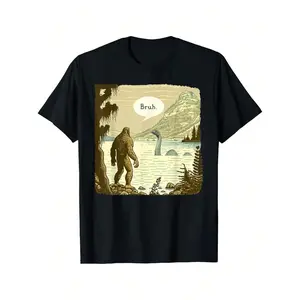 180g[100%cotton]Fun Bigfoot Sasquatch Loch Ness Monster Introvert Bruh T-Shirt Fun Printed Short Sleeve Casual Men's T-Shirt