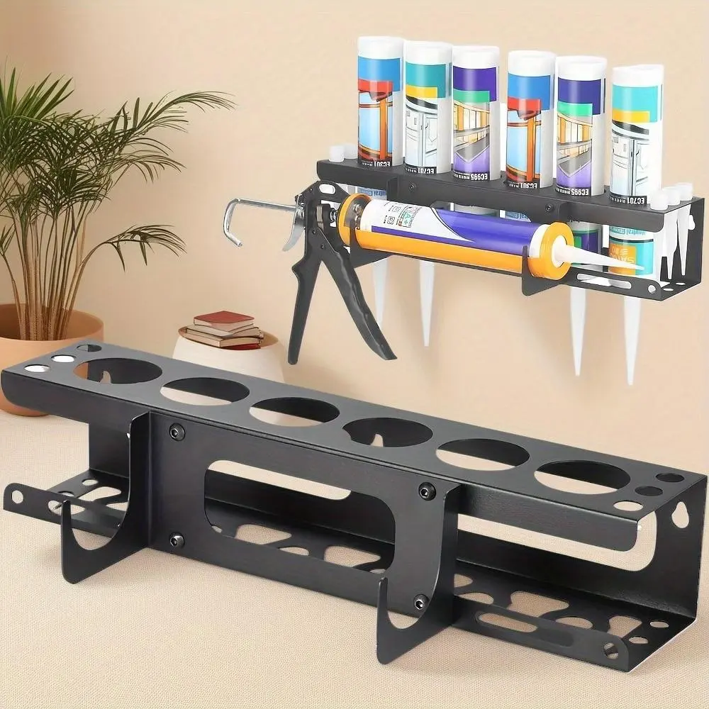 Wall-Mounted Adhesive Gun Rack, Manual Filling Tool Storage Shelf, Holds 6 Tubes and Nozzles, Ideal for Workshop, Store, Garage, Garage Tool Organizer, Construction Tool Organizer