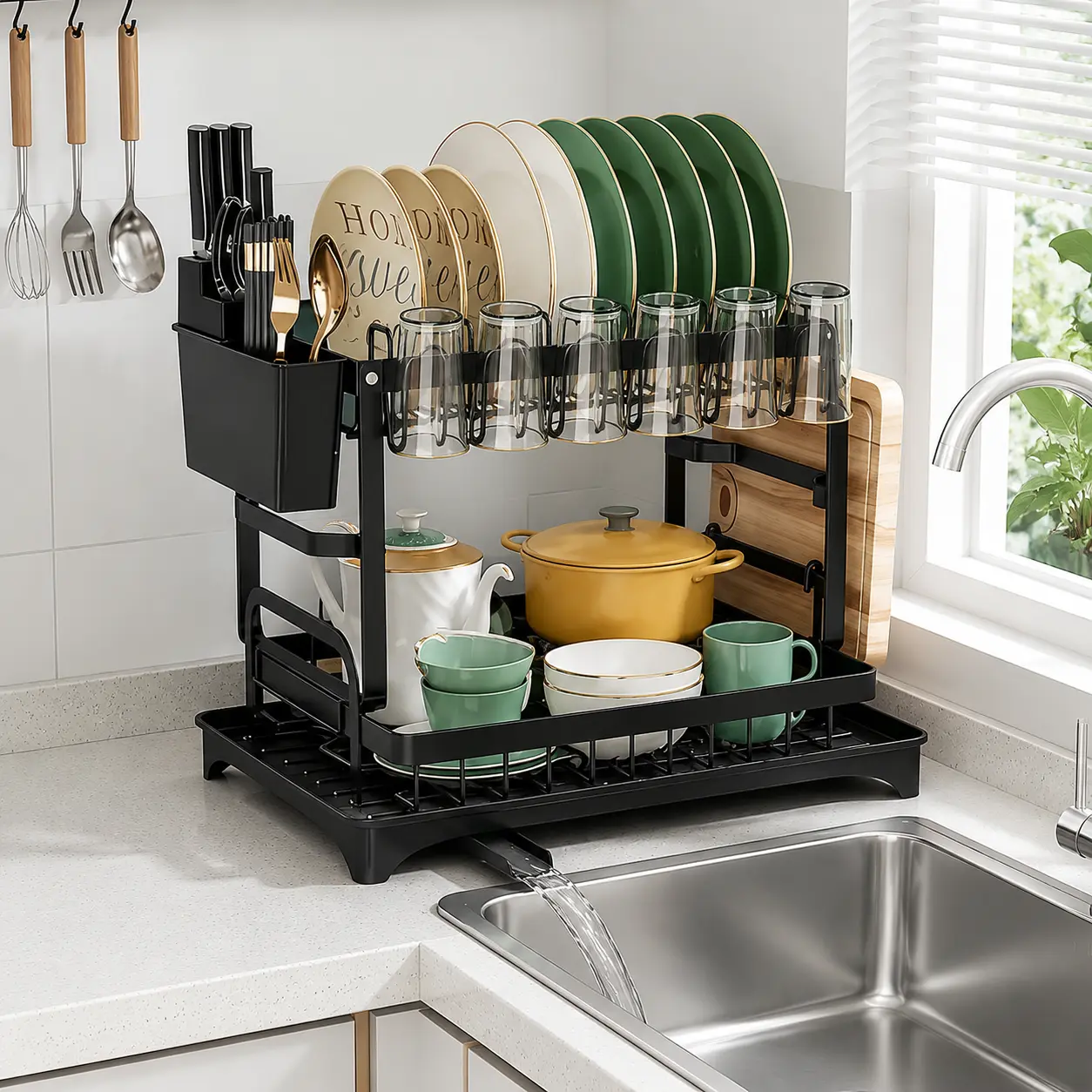 2-Tier Dish Drying Rack with Detachable Drainboard, Foldable Space-Saving Kitchen Storage Organizer with Utensil Holders, Black