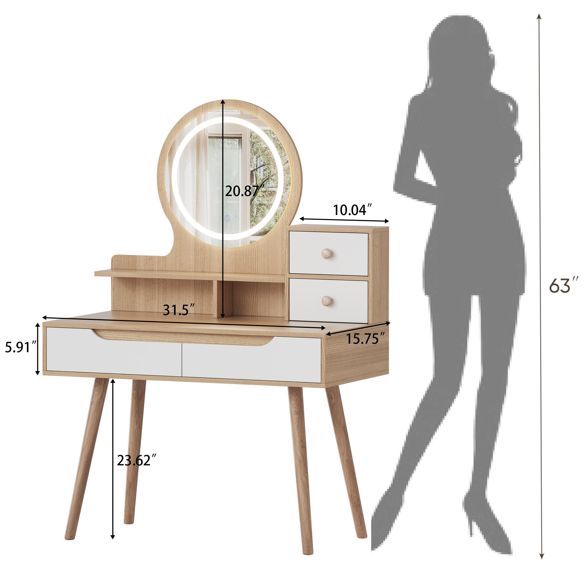 Makeup Vanity Desk with 3 Adjustable Lighted Mirror with solid wood table feet , Dressing Table Set with 4 drawers and 3 open shelves for Small space Bedroom
