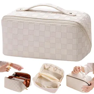 Large Capacity Makeup Bag, Travel Cosmetic Bag, PU Leather Makeup Pouches for Women, Waterproof Portable Large Wide-open Pouch with Divider and Handle for Travel Makeup Bag