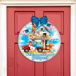 Designocracy 933114H 18x18 in. Engraved Wooden Welcome Sign, Happy Campers Holiday Door Hanger, Home Decor, Room Decor