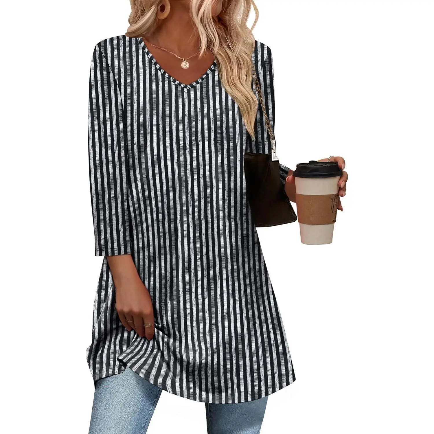 Women's Plus-Size 3/4 Length Sleeve Tunics - Fit, Feminine, Stretchy, Comfortable, Elegant Dressy Casual Tops to Wear with Leggings, Fashion, Loose