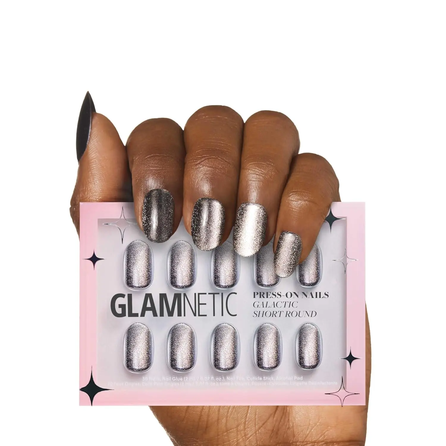 Press On Nails - Galactic | Short Round Shimmery Pewter Glittered Nails with a Glaze Finish | 12 Sizes - 30 Nail Kit with Glue