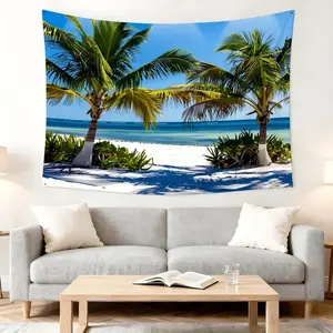 1 Pc Tropical Beach Scene Wall Tapestry Coastal Living Room Decoration Paradise Island Vibe Tapestries Festival Party Decor Large Palm Tree Ocean View Blue Sea Scenic Backdrop for Home and Events