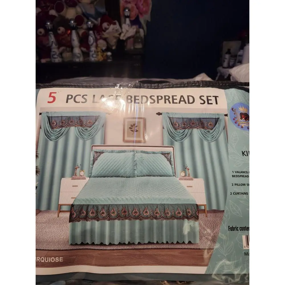 5 PCS Lace Bedsheet Set with 1 Valance, 2 Pillow Shams, 2 Curtains, and 1 Bedspread, Ideal for Bedroom Decor