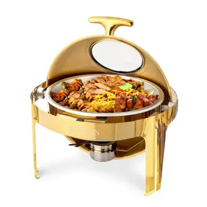 [FLASH SALE] ROVSUN 6 QT Roll Top Round Gold Chafing Dish Buffet Set with Visible Window