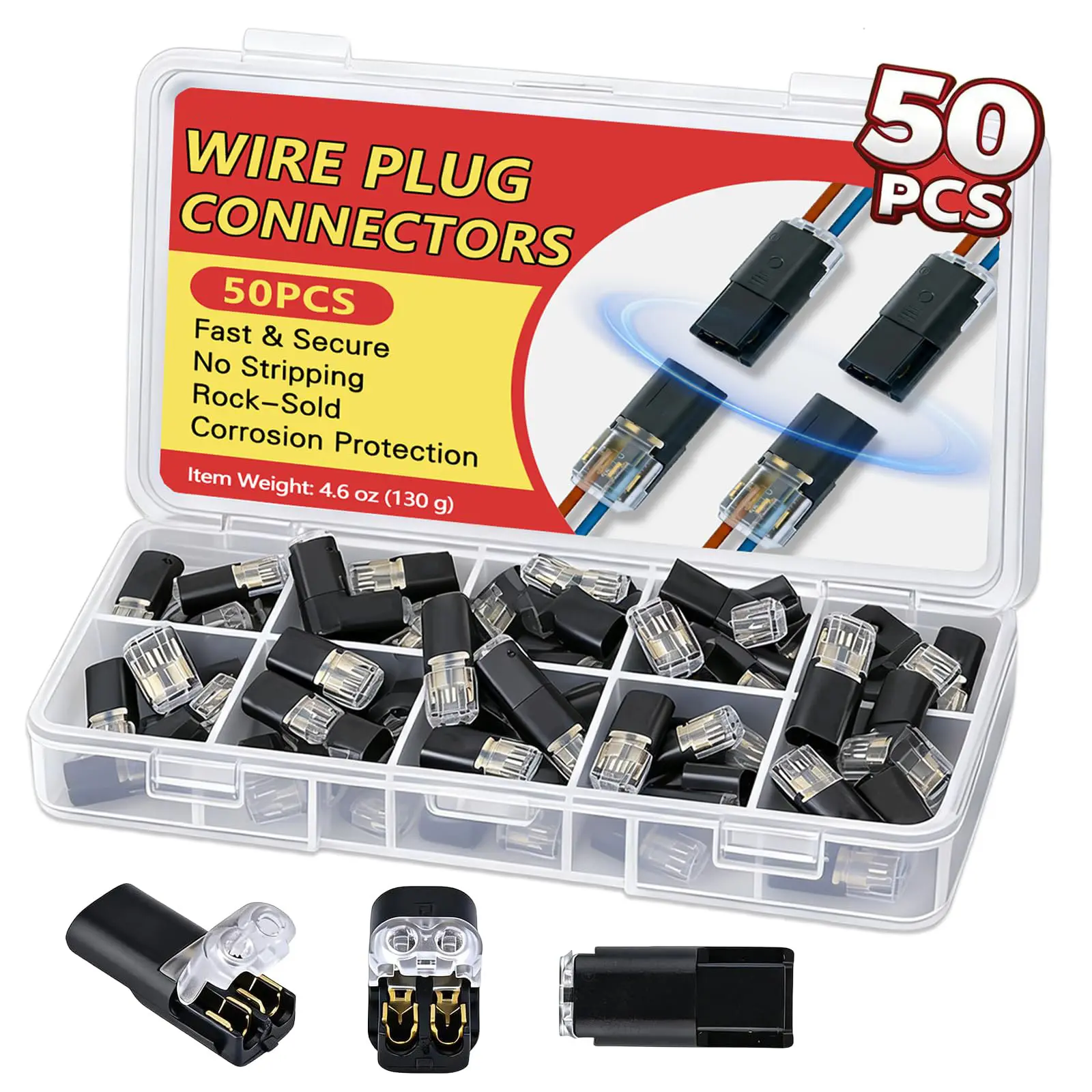 50 Pcs No-Stripping Quick Connect Wire Connectors - 2-Pin Plug-In Connectors with Locking Buckle, Tool-Free for LED Light Strips, Cars, Motorcycles, Fans, Switches, Sockets, Model Kits