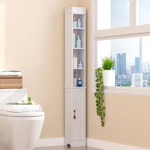 Vecelo Tall Narrow Bathroom Cabinet Next To Toilet With 7-Layer Storage Space, With Toilet Paper Holder, Adjustable Shelves, Anti-Tip, Suitable For Small Space, Bathroom, Kitchen, Laundry Room, White
