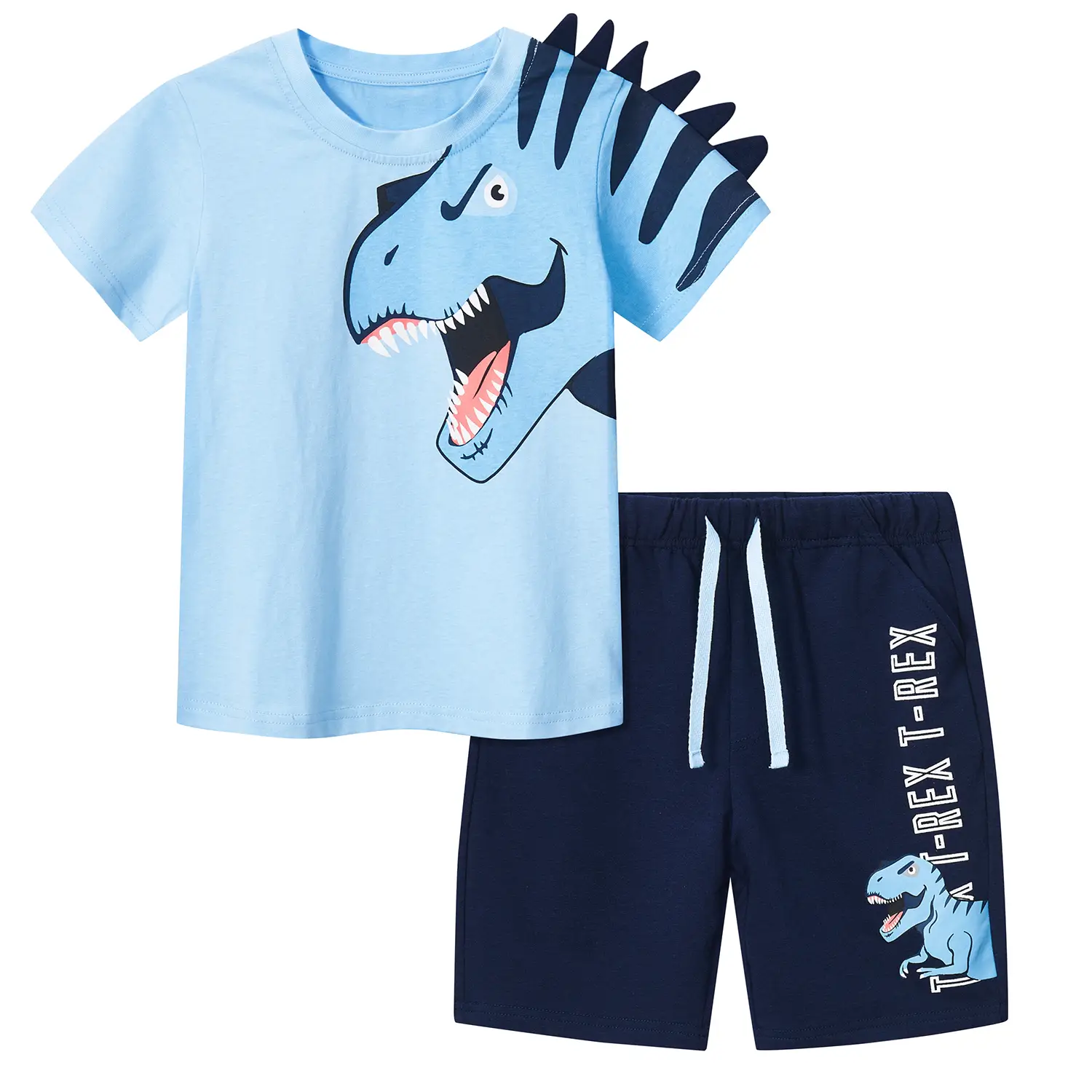 Kids Little Boy Clothes Outfits Dinosaur Summer Cotton Short Sleeve T-shirt Tee and Short Clothing Set Lt Blue Size 2-7 Years