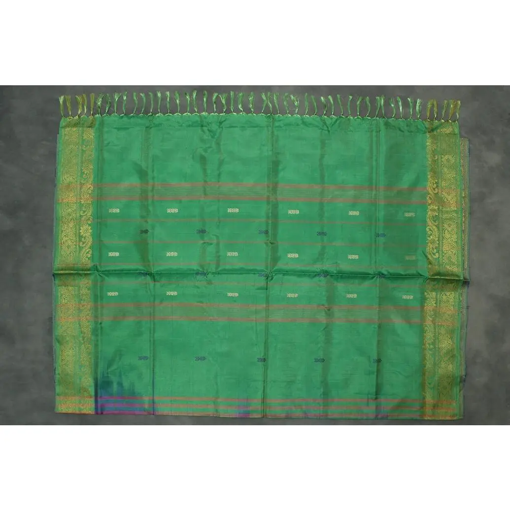 Women's Leaf Green Banana Pith (Vaazhai Naar) Saree, 5.5m, Soft Drape, Zari Border, Full-Body Small Butta, Fringed Pallu with Tassels, Matching Blouse Piece, 5.5 Meters