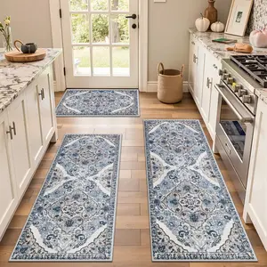 American Retro Bohemian Kitchen 3-Piece Carpet Set, Boho Kitchen Rug, Non-Shedding Machine-Washable Non-Slip Mats, Soft & Comfortable for Bedroom & Laundry Room Decor