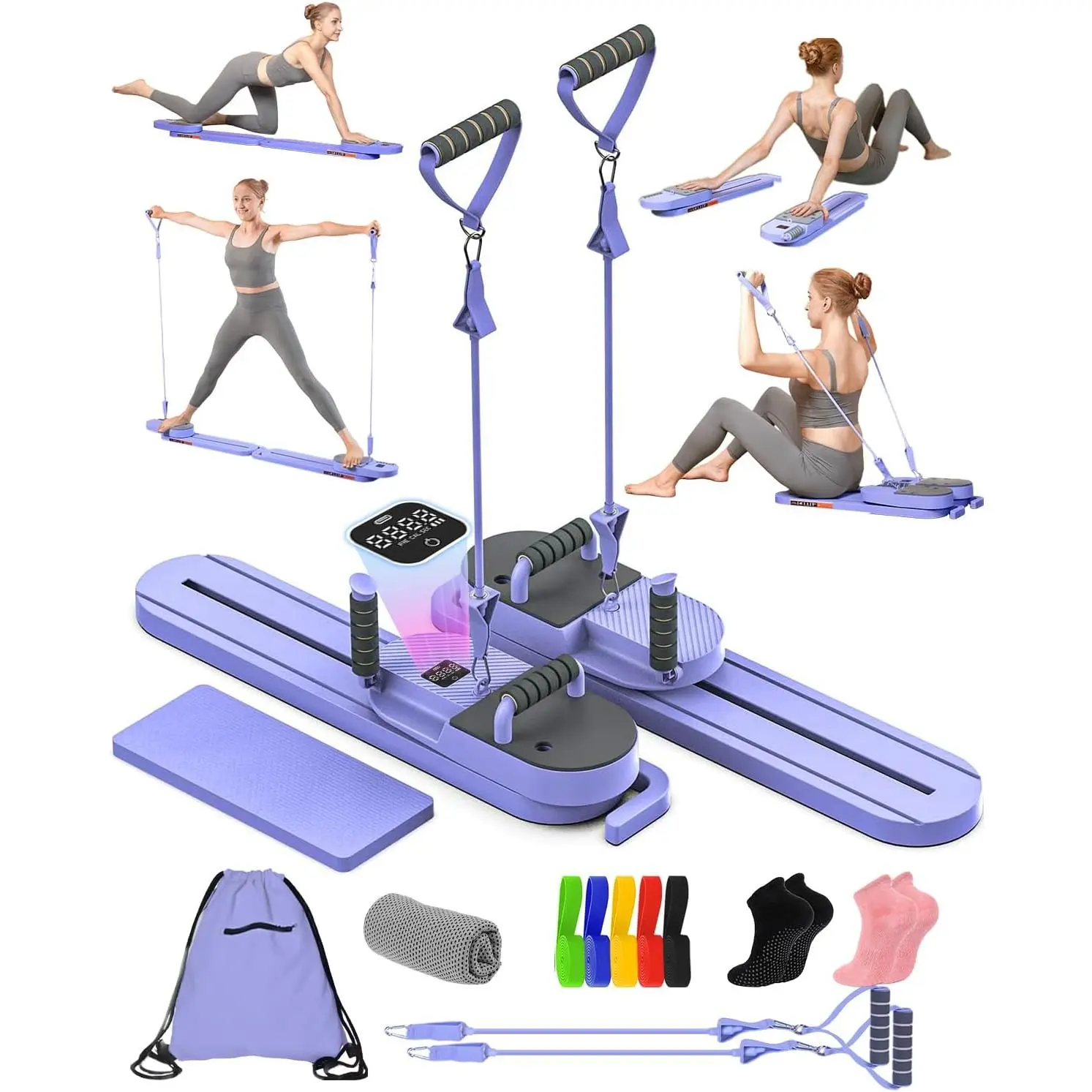 Pilates Board – Pilates Reformer Set, 8-in-1 Pilates Board for Home Workout, Portable Multi-Functional Reformer with Timer/Counter/Calorie Counter for n Split Board for Full Body Workout