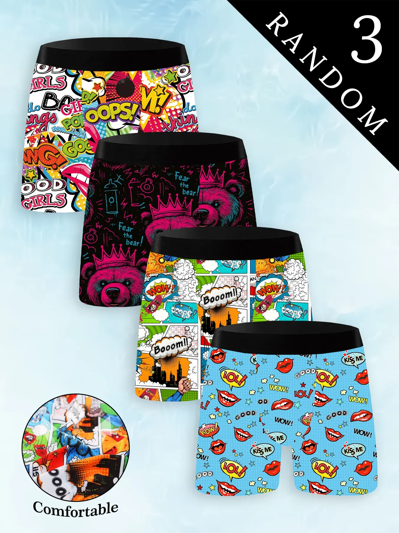 Men's Random 3-Pack Long Novelty Briefs, Fitted, Cartoon/bear/kiss Lips Graffiti Print, Breathable Fabric, High Stretch, Durable Waistband
